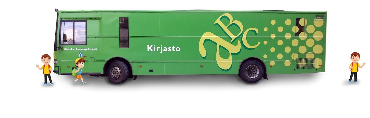 Kirjastoauto Tarinatoukka, piirroshahmot ympärillä.