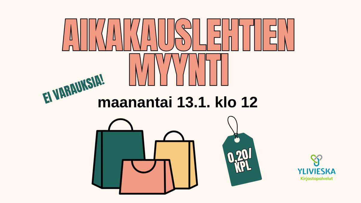 Mainos aikakauslehtien myynnistä kirjastossa. Alkaa 13.1. klo 12. Lehden hinta 0,20 e/kpl. Ei varauksia.